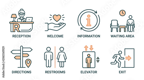 Vector Icons Hotel and office navigation line icons set including reception welcome information waiting area directions restrooms elevator and exit. EPS Editable