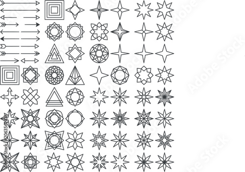 Collection of abstract geometric shapes stars and decorative arrows vector set with geometric