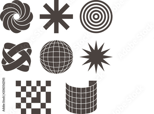 Monochrome geometric shapes and abstract patterns vector illustration set with geometric, patterns