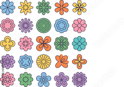 Colorful collection of stylized flower icons and floral shapes with botanical colorful collection