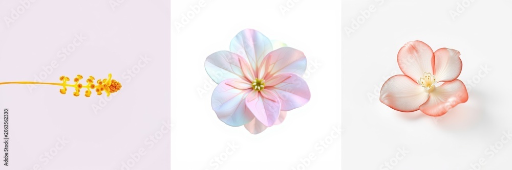Fototapeta premium Floral triptych. Delicate blooms showcase pastel hues, soft lighting, minimal composition. Gentle beauty radiates from each panel.