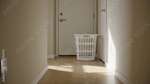 Empty plastic laundry basket standing in a hallway.
