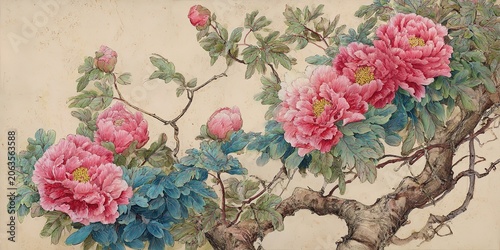 Chinese Ink Wash Peonies Pink Blossoms Yellow Stamens Green Foliage Dark Gnarled Branches Light Beige Backdrop Naturalistic Arrangement