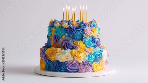 Luxury Multi Tiered Birthday Cake with Colorful Buttercream Rosettes and Burning Gold Candles Isolated on White