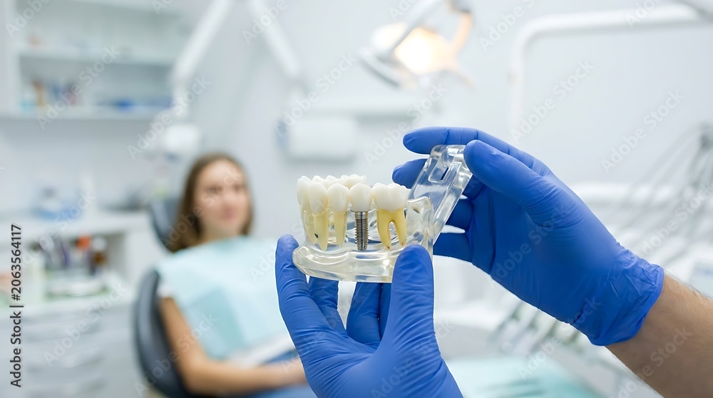 Fototapeta premium Dentist holding dental implant model with blue gloves