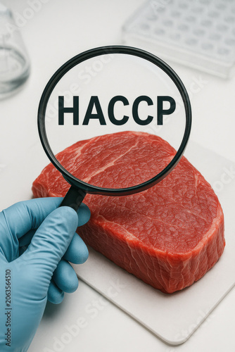 Raw beef steak under magnifying glass with HACCP label held by gloved hand, symbolizing food safety control and quality assurance in laboratory environment