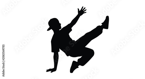  A black silhouette of a male breakdancer performing a dynamic move, isolated on a white background, representing hip-hop culture, street dance, energy, and urban style.Artwork