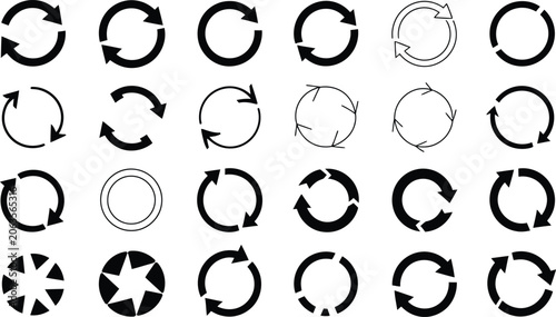 Collection of circular refresh and reload icons and arrows with circular rotation interface