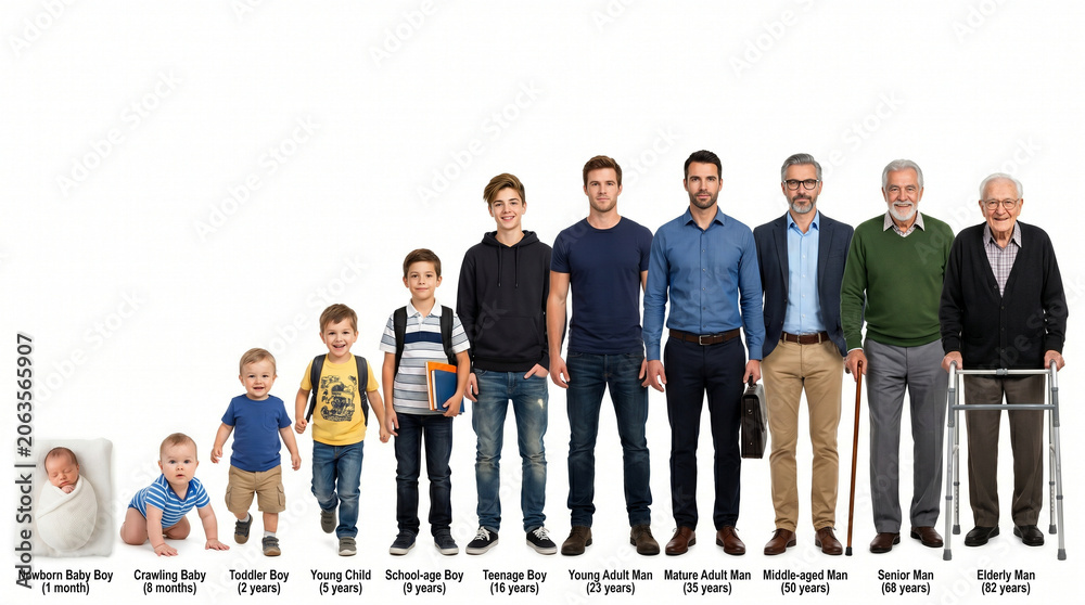 Obraz premium Male Age Stages Baby to Elderly Man Growth White BG.