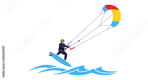 Kitesurfer riding wave with colorful kite
