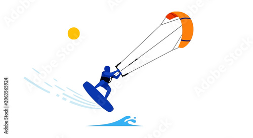 Kitesurfing man jumping on water, extreme sport, summer recreation