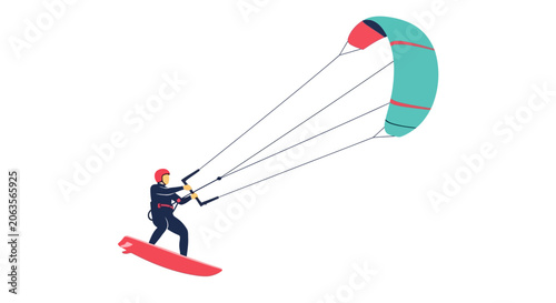 Kitesurfing extreme sport, person riding board with kite on white background