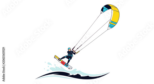 Kitesurfing Man Riding Wave with Colorful Kite