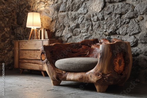 Rustic log armchair with textile cushion sits beside a wooden dresser and lamp.