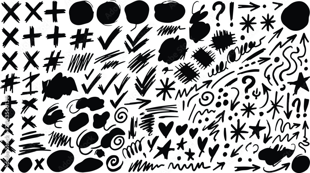 Fototapeta premium Hand-drawn doodle vector elements, a versatile collection of black ink sketch marks, arrows, crosses, checkmarks, and abstract shapes, perfect for creative design projects and graphic resources.