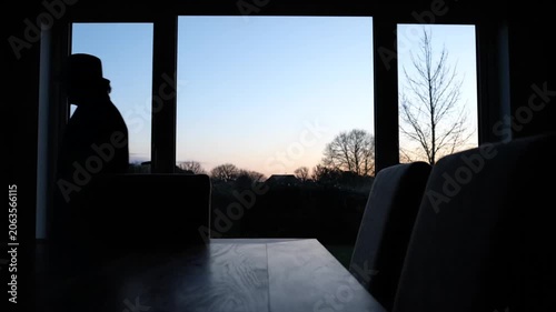 Silhouette of a man standing by a large window during twilight hours.
