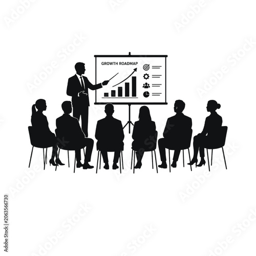 Corporate training audience watching business growth presentation silhouette.