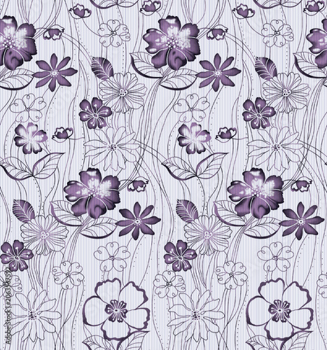 Floral damask pattern with purple flowers and leaves on white background
