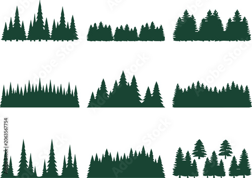 Forest tree silhouettes, a versatile vector collection of dark green pine and fir tree outlines, ideal for nature-themed design elements and outdoor landscape backgrounds.