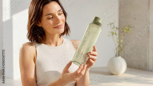 Person holding minimalist semi transparent water bottle made from biodegradable algae based bioplastic in studio