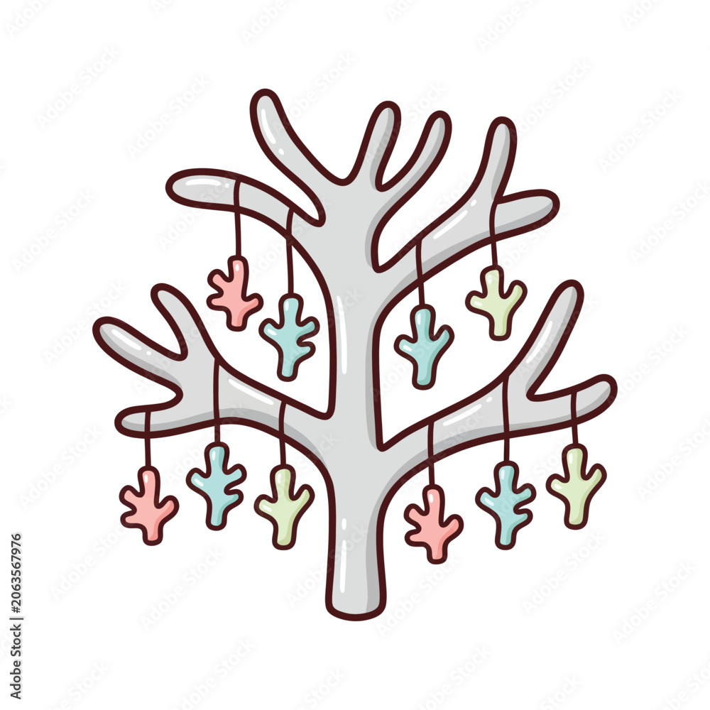 Fototapeta premium Cute grey tree with pastel ornaments hanging from branches for decoration and celebration