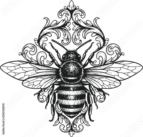 Detailed bee illustration with ornate filigree flourishes on a white background symbolizing nature's intricate patterns and organic beauty