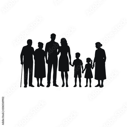 Multi generation family standing together silhouette.