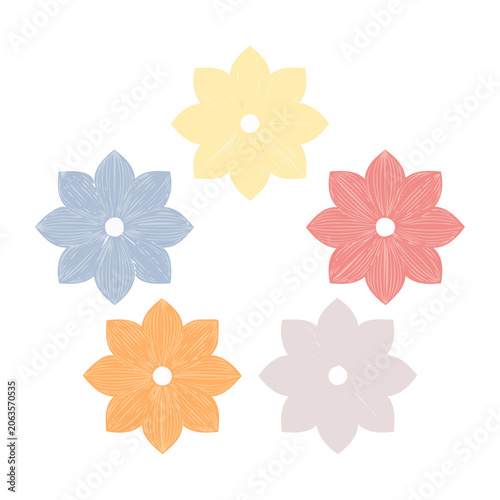 Four flat design flowers in yellow pink orange purple blue