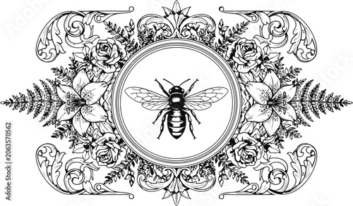 Ornate circular frame with a bee and floral elements in a vintage etched style