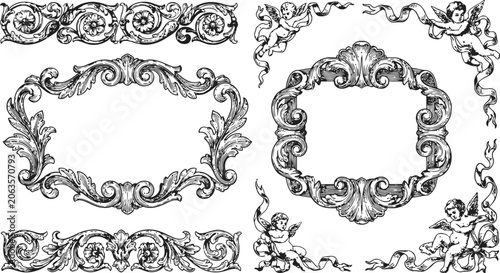 Ornate vintage baroque frames with cherubs and floral elements in an elegant black and white etching style