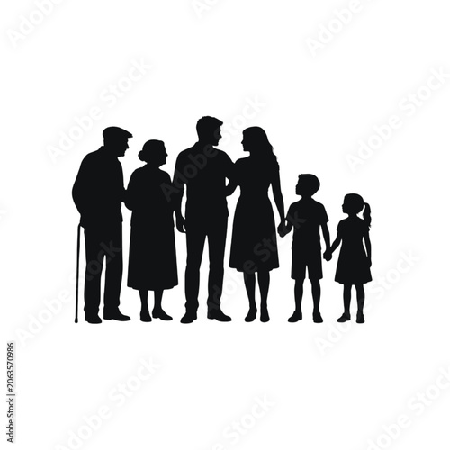 Family group with parents and children standing together silhouette.