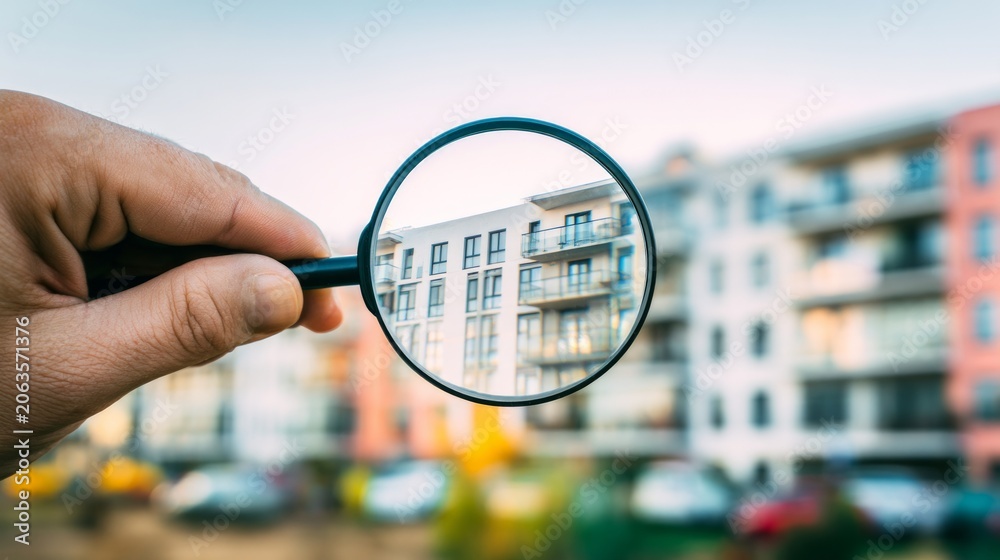 Obraz premium Hands Holding a Magnifying Glass Examining Urban Apartment Buildings with Cars in Foreground