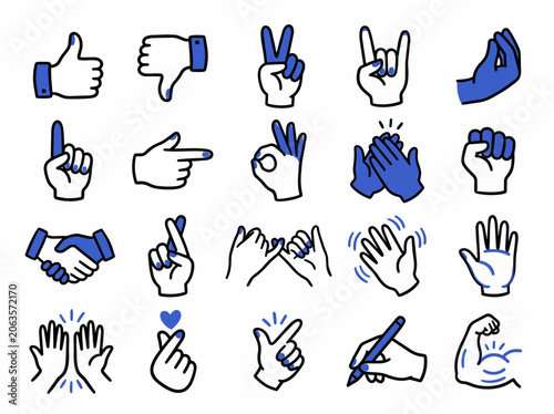Hand gestures, icons, signs, symbols, communication, illustration set
