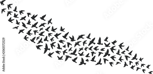 Obraz na plátne Flying birds flock, black silhouettes of a migratory bird swarm, dynamic animal