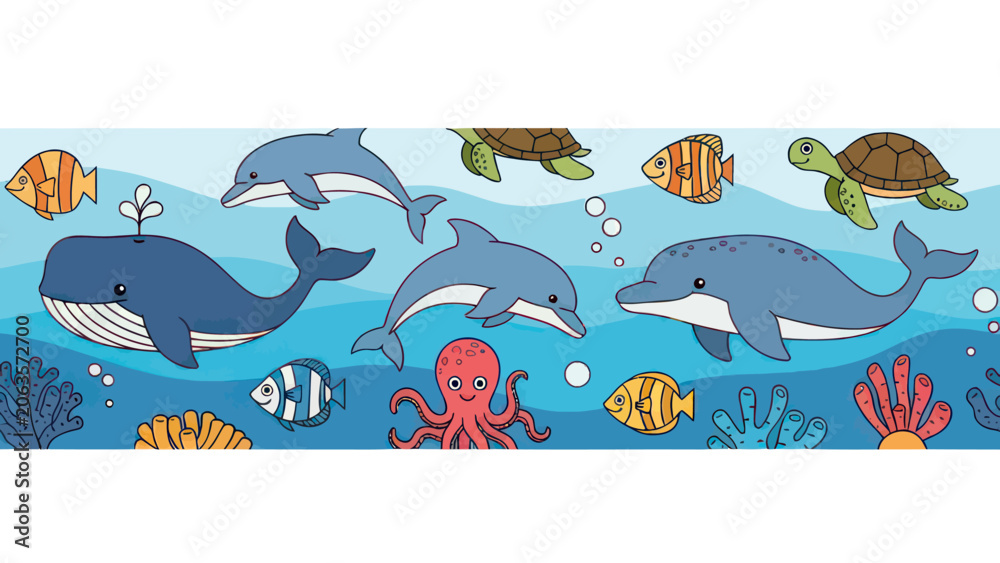 Naklejka premium Cute Cartoon Underwater Sea Life Illustration