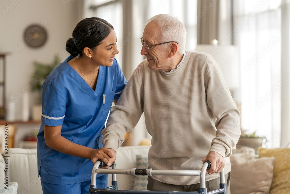 Fototapeta premium Professional nurse assisting an elderly man standing with a walker at home, assistance