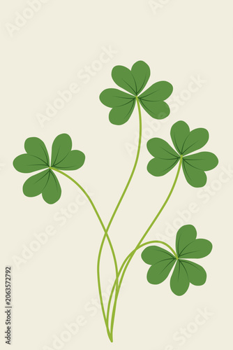 Minimalist flat illustration of four simple green three-leaf clovers with stems, isolated on a light cream background