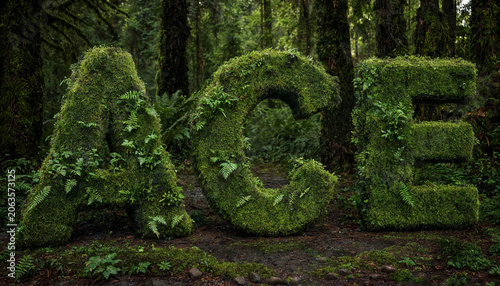Photography The letters ace formed by lush green moss and small ferns in a dense, dark fores