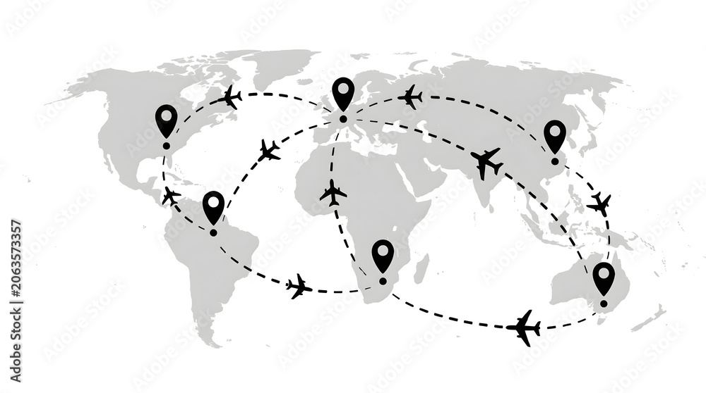 Obraz premium World Map with Black Location Pins and Airplane Flight Routes Global