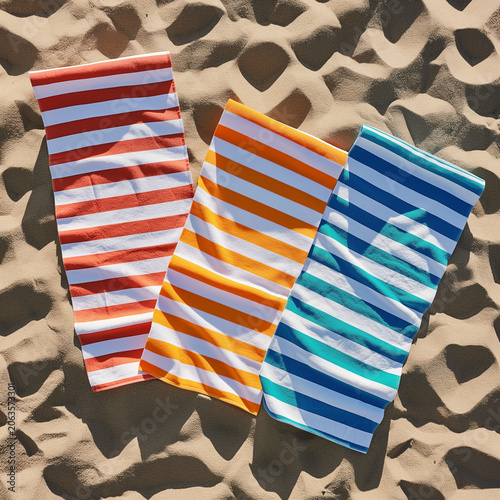 Striped beach towels on sand in bright sunlight summer minimal scene