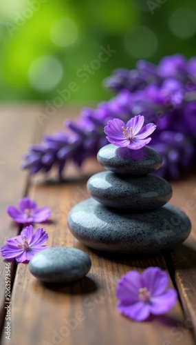 Soothing spa stones with lavender flowers on a wooden table, calming, natural, spa