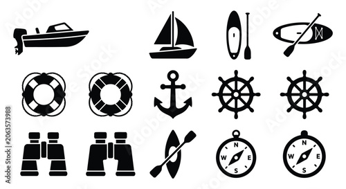 A set of black and white nautical and maritime icons featuring boats, anchors, lifebuoys, steering wheels, binoculars, paddles, and compasses, isolated on a white background.