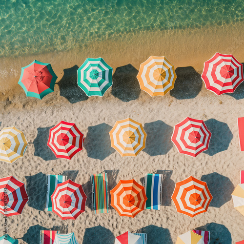 Aerial beach scene with colorful umbrellas and sun loungers by shoreline
