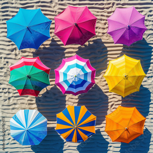 Colorful beach umbrellas casting shadows on textured sand top view
