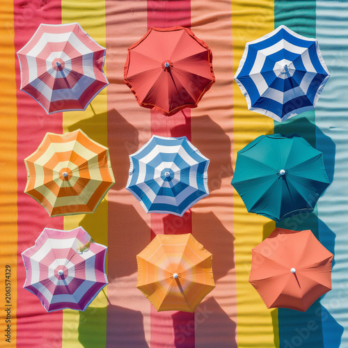 Colorful beach umbrellas on striped towels in geometric top view