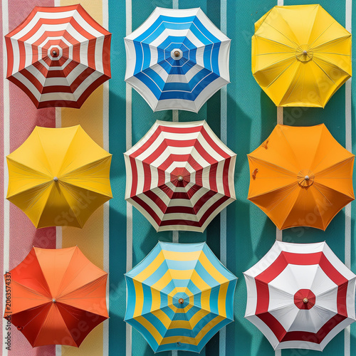 Colorful beach umbrellas arranged in geometric pattern from above
