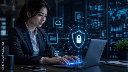 Exploring the World of Cybersecurity and Data Protection: A Woman Engaged in Digital Safeguarding at Her Laptop