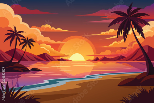 beautiful sunset landscape vector design with palm trees, flying birds and hills 