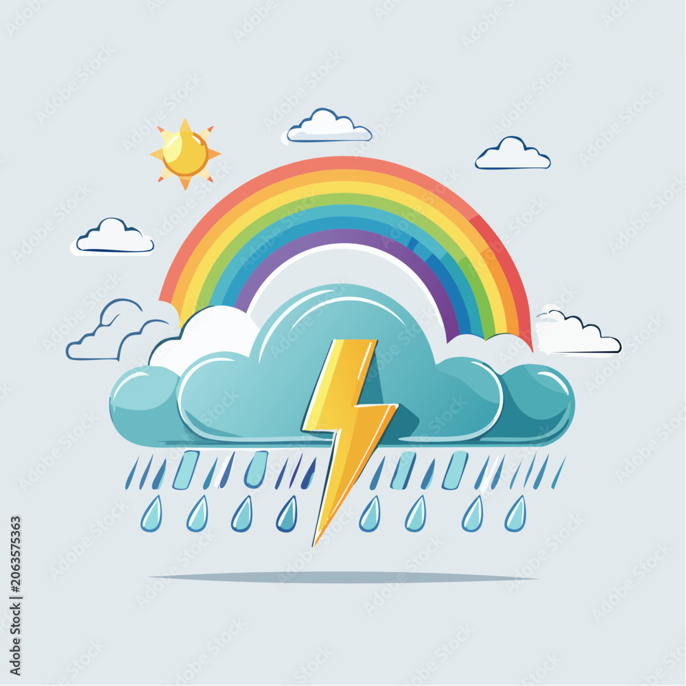 Naklejka premium Cartoon Weather Icons: Rainbow, Storm Cloud, Lightning, Rain, and Sun