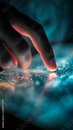Fingers touching a glowing digital interface with data visualization